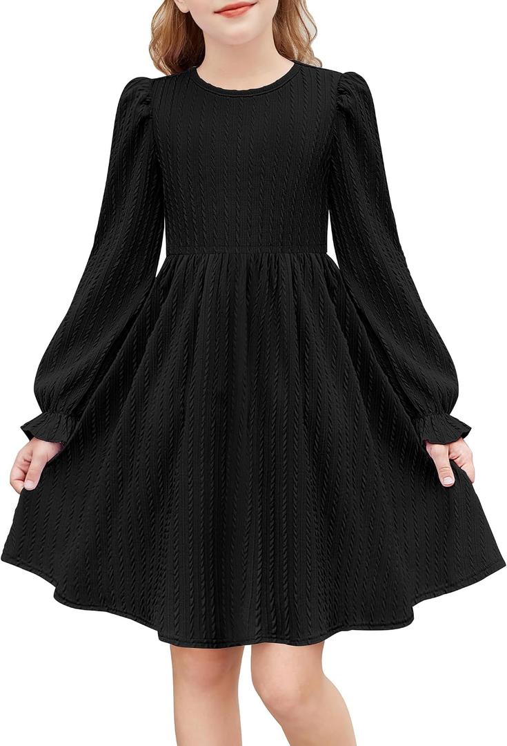 Arshiner Girls Knit Dresses Puff Long Sleeve Fall Winter Casual Holiday Sweater Dress with Pockets, 10-11 Years