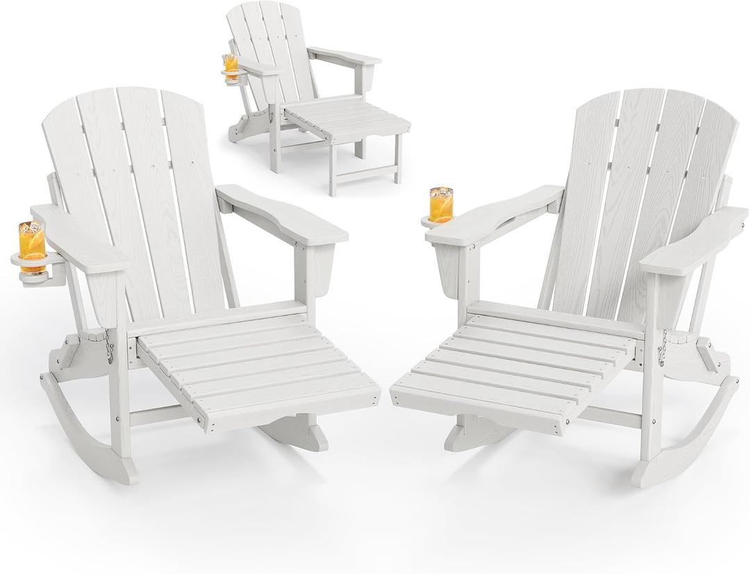2 Pack HDPE Folding Adirondack Rocking Chair with Retractable Ottoman, Chair x2