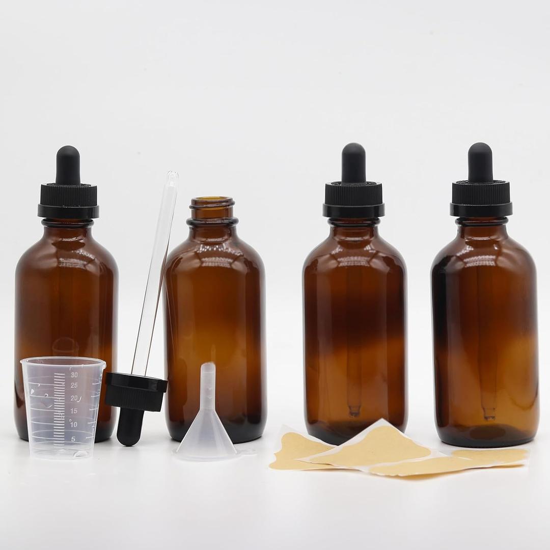 4 pack,amber glass dropper bottles 4 oz,120 ml dark empty tincture bottles with dropper,alcohol,hair oil bottle applicator,essentia,eye,droppers for oils,medicine,pipette,drip drop,travel Amber
