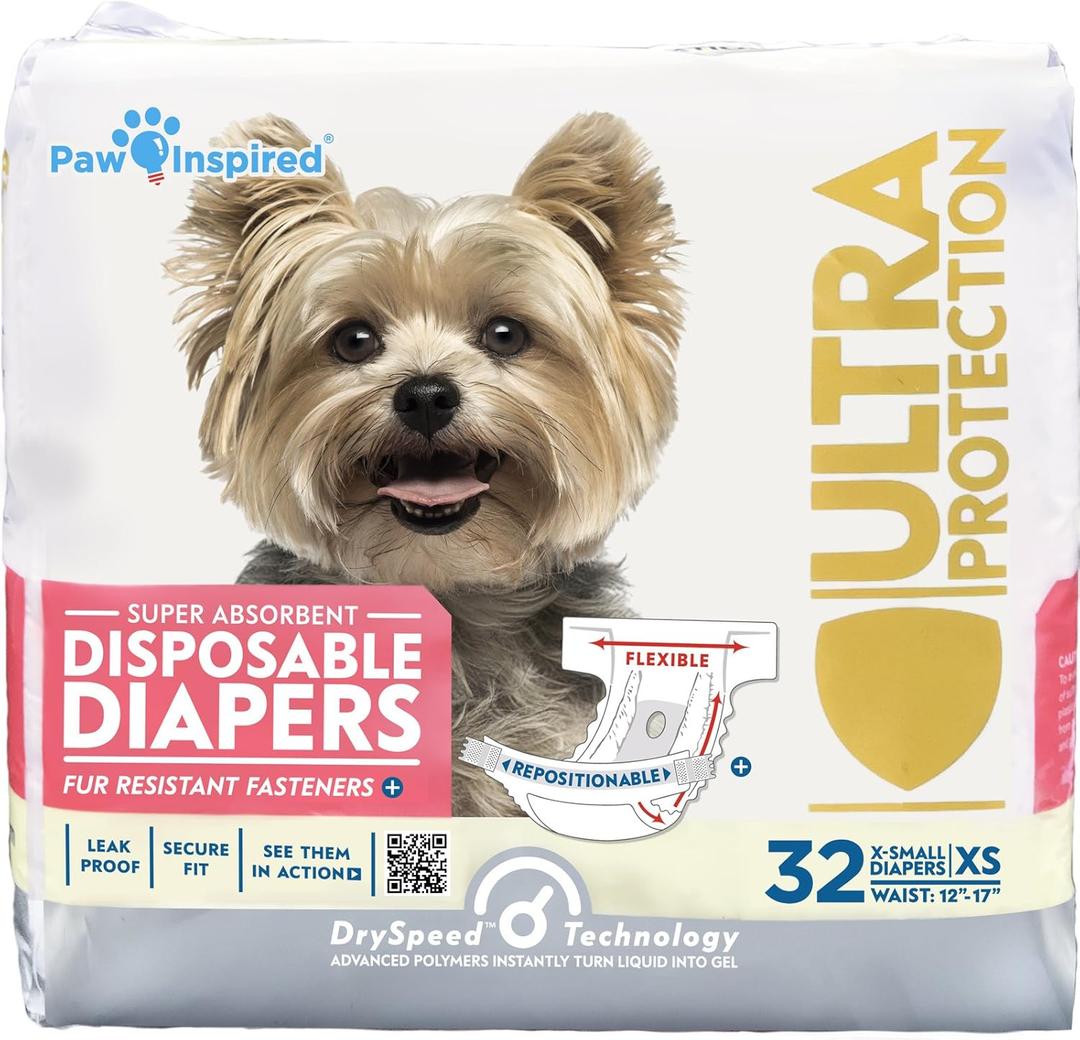 Paw Inspired 32ct Disposable Dog Diapers | Female Dog Diapers Ultra Protection | Diapers for Dogs in Heat, Excitable Urination, or Incontinence  (X-Small (32 Count))
