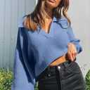 CHYRII Women Overized Puff Long Sleeve V Neck Knitted Polo Pullover Sweater Jumper Tops (M)