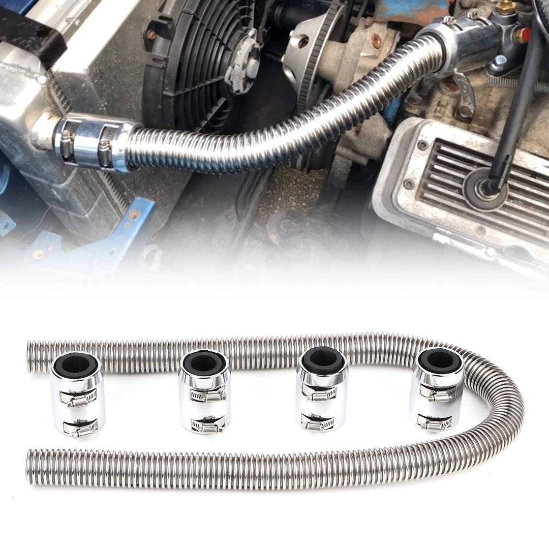 iRKY 48" Flexible Radiator Hose Stainless Steel Universal Water Hoses Adapter Coolant Radiator Hose Kit With 4Pcs Chrome Caps (8 Clamps, Black)