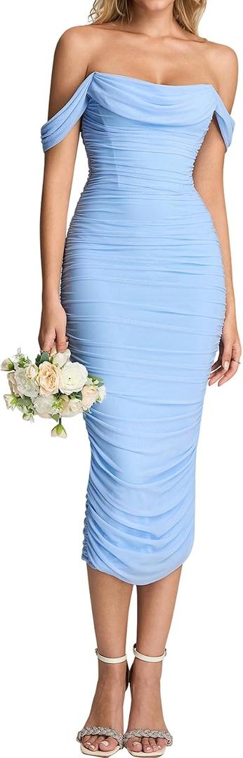 KUTUMAI Off Shoulder Corset Formal Wedding Guest Dresses for Women Elegant Bodycon Ruched Cocktail Party Midi Dress (Blue, L)