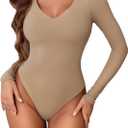 Avidlove Bodysuits for Women Long Sleeve V Neck Body Suit Bodysuit Double Lined Thong Body Suits Sexy Tops (Khaki  XL) 