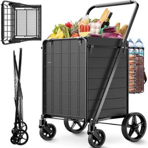Folding Shopping Cart for Groceries,360 lbs Capacity Grocery Cart with Waterproof Liner and 360 Swiveling Wheels Collapsible Shopping Carts with Double Basket for Condo Laundry Transport Trip
