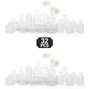 Glass Bud Vase Set of 31 - Clear Bud Vases in Bulk, Small Vases for Flowers, Cute Vases for Centerpieces, Mini Vintage Vase for Rustic Wedding Decorations, Home Table Flower Decor