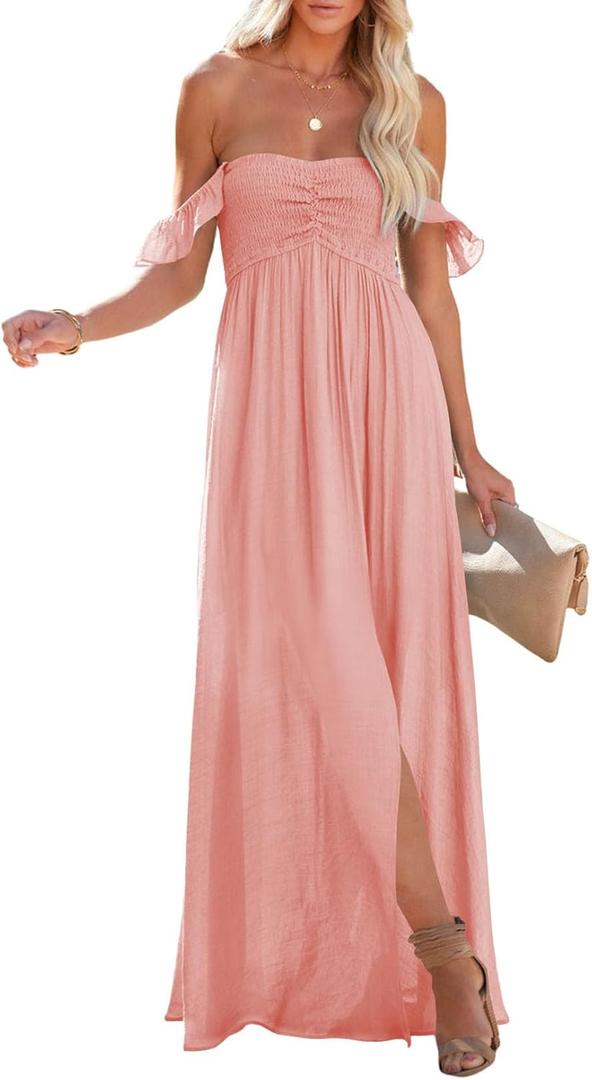 Happy Sailed Women's 2025 Summer Smocked Off The Shoulder Maxi Dresses Ruffle Short Sleeve A Line Side Slit Sundress (Medium, Pink)