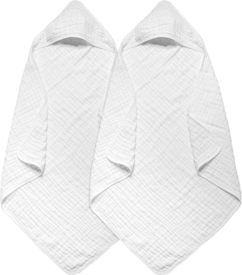 Baby Hooded Towels for Babies and Toddlers, Muslin Baby Bath Towel Soft and Absorbency for Boys and Girls (White 2 Pack)