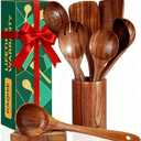 KAQISE 4Pcs Set of Wooden Kitchen Utensils with Holder & Spoon Rest, KAQISE Wooden Spoons&Spatulas for Cooking, Teak Utensils Set for Cooking, Handcrafted Nontoxic Wood Cooking Utensils for Xmas Gifts