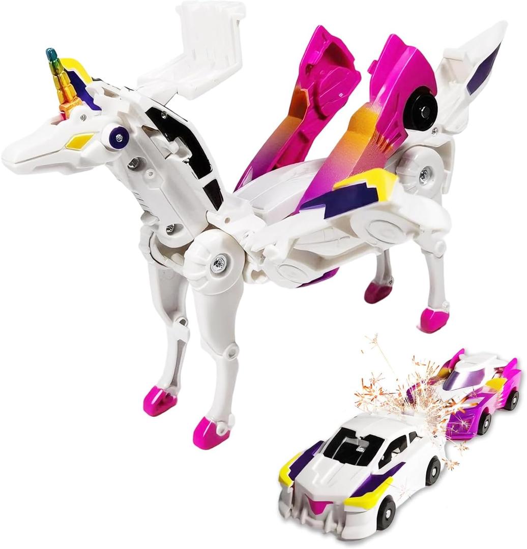 Transforming Car Robot Toys, Unicorn Racing Car Set, Boys and Girls, Automatic Deformation, Magnetic Connections, Educational, Collision to Magical Unicorns, Birthday Party (Pink)