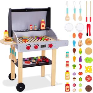 OOOK Wooden Play Barbecue Toy Grill, Kids Grill Playset with Toy Food and Grilling Tools, Play Kitchen Accessories for Toddlers Boys Girls Age 3+ (Style 1)