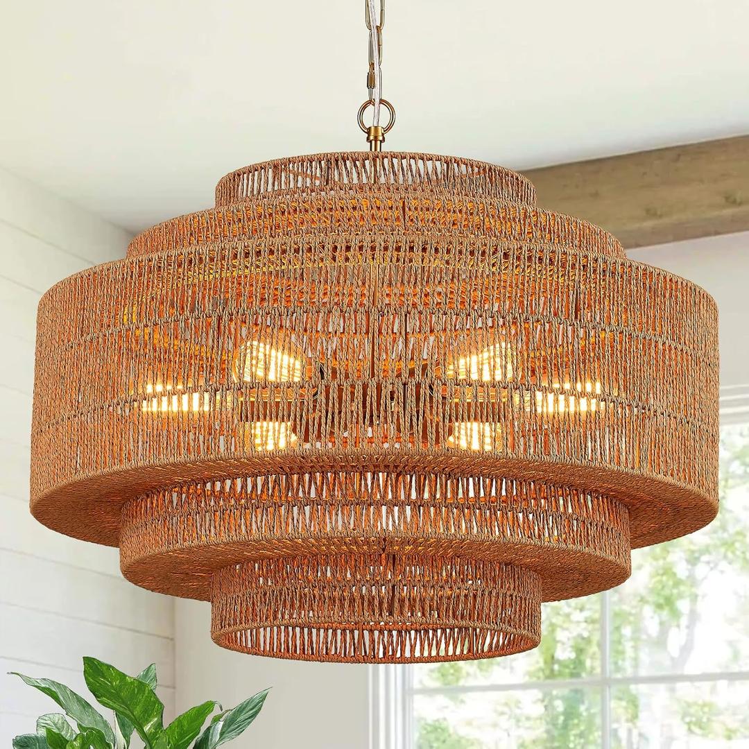 Tunkayli 25.6” Large Rattan Chandelier Light Fixture 8-Light Vintage Farmhouse Coastal Rattan Chandelier 5-Tier Hand-Woven Boho Bamboo Gold Chandeliers for Dining Room, Kitchen, Living Room, Entryway