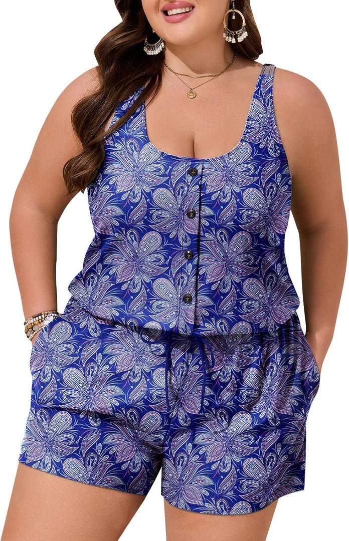 Summer Mae Plus Size Swim Romper One Piece Swimsuit Women Blouson Bathing Suit with Pockets 2025 Modest Swimwear (Colorful Flowers), Size 16