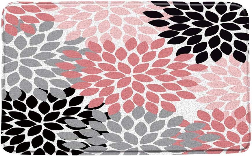 AMFD Dahlia Bath Mat Pinnata Floral Black Gray Coral Pink Flower Pattern Unique Modern Bathroom Shower Mat Kitchen Rug Microfiber Memory Foam, (18x30 Inch(45x75CM))