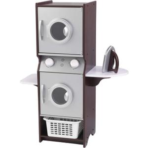 KidKraft Laundry Playset Children's Pretend Wooden Stacking Washer and Dryer Toy with Iron and Basket, Espresso, Gift for Ages 3+