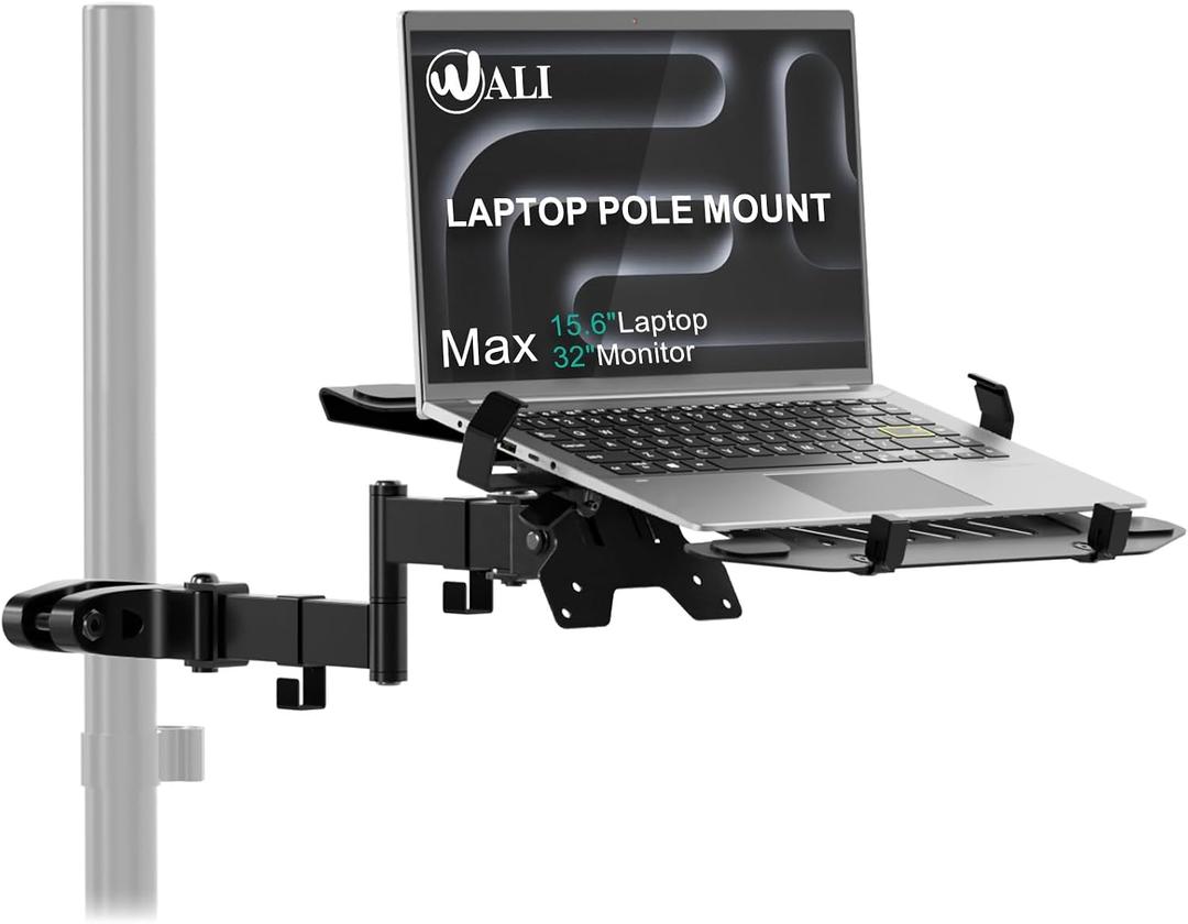 WALI Laptop Pole Mount, Adjustable Laptop Arm Holder Fits 10"-15.6" Laptops, 2-in-1 Full Motion Monitor Mount with Removable Tray, VESA 75x75 or 100x100 mm, Holds up to 15.4lbs(011ARMLPN), Black