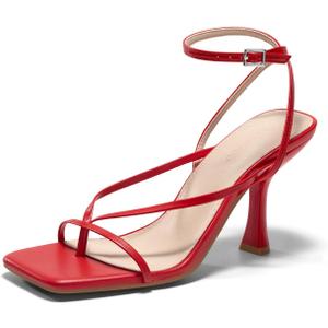 Coutgo Womens Strappy Kitten Heels Sandals Square Open Toe Flip Flops Summer Dress Shoes (Red, 9
)