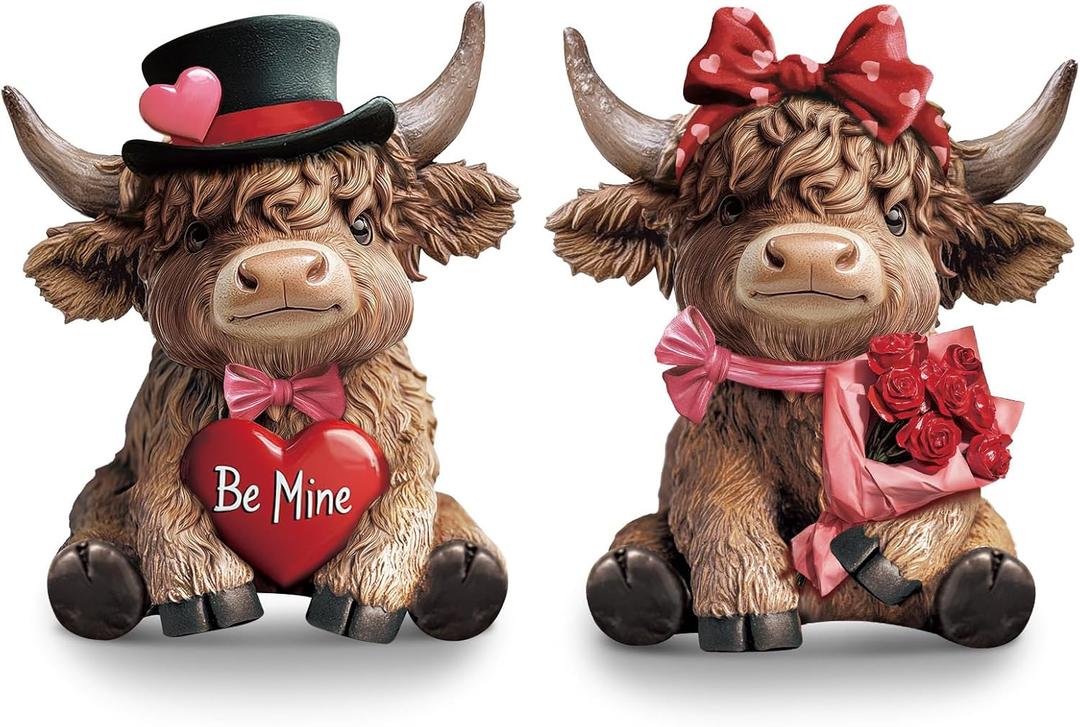 Karenhi 2 Pcs Valentine's Day Gift Highland Cow Figurines, Love Heart Rose Highland Cow Gnomes Scottish Resin Statue Calf Lovers Romantic Gifts for Home Kitchen Office Tiered Tray Table Decor