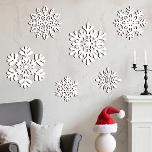Whaline 6Pcs Christmas Snowflake Wooden Wall Decor White Snowflake Shaped Wood Wall Art Sign with Hook for Home Farmhouse Xmas Winter Hanging Ornament