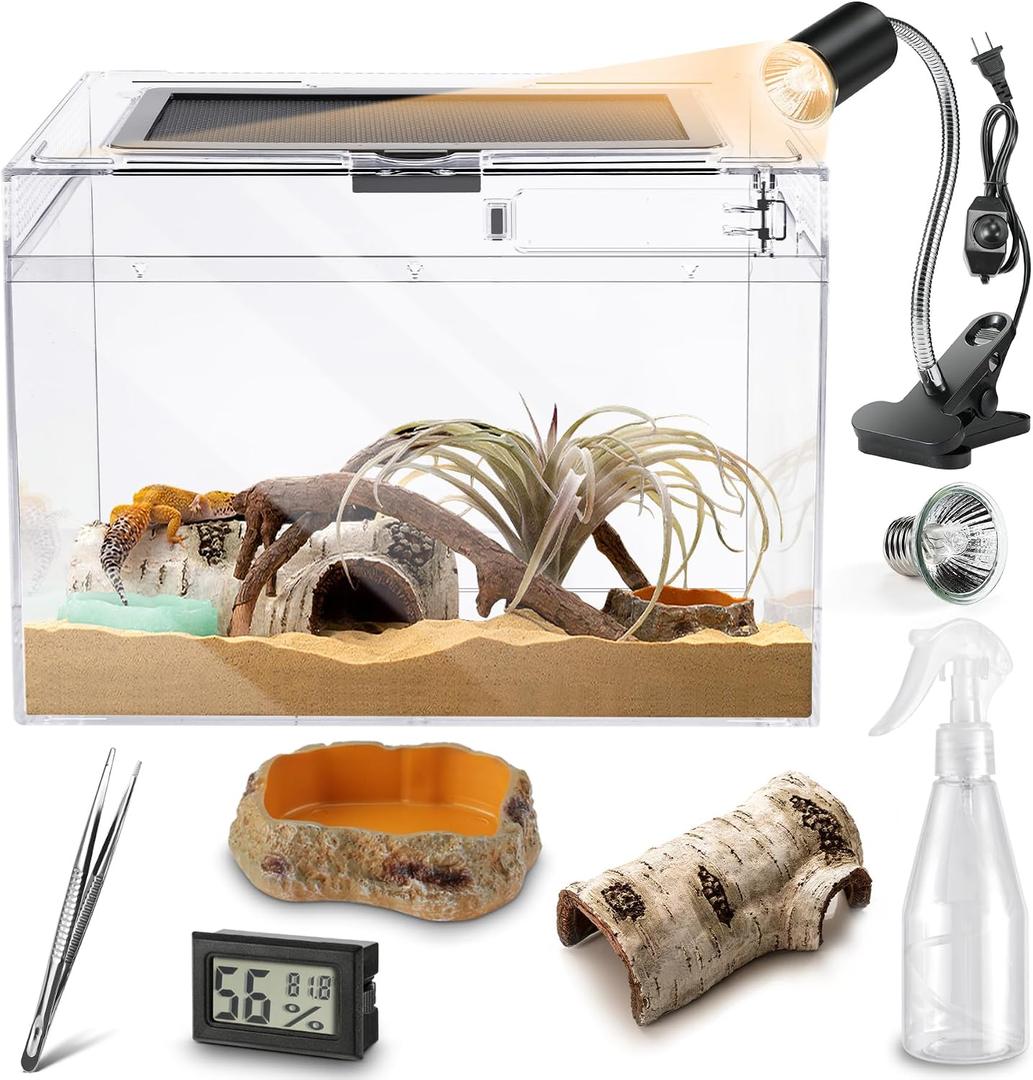 HELIME Reptile Polycarbonate Terrarium Kit 7 Piece Starter Habitat for Tarantula,Lizards,Frogs,Geckos,or Hermit Crabs,Tank with Escape-Proof Locking Lid,Light,Hygrometer,Hide,Tweezer,Bowl,Sprayer XL, XLarge(19.5x9.4x10.5IN)