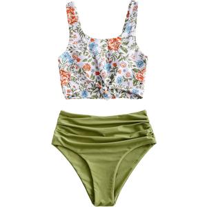ZAFUL Women's High Waisted Tankini Scoop Neck Knotted Two Pieces Tankini Set Swimsuit (Large, 4-green Onion)