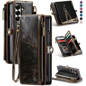 Defencase for Samsung Galaxy Z Fold 7/ Fold7 Wallet Case with RFID Blocking 10-Card Holder, Fashion Soft PU Leather Magnetic Snap Flip Zipper Wrist Strap Phone Case for Galaxy Z Fold 7 5G, Coffee