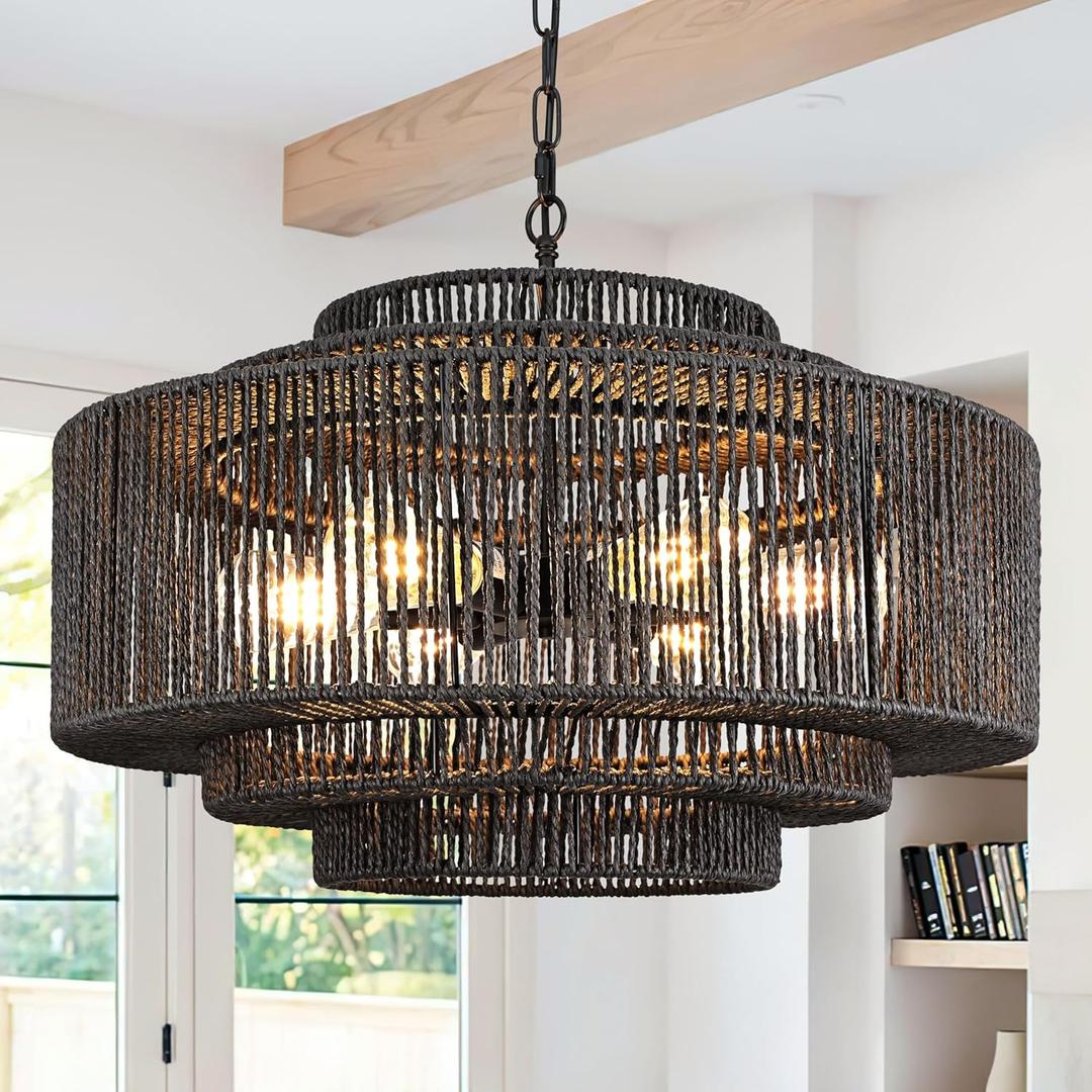 24" Rattan Pendant Light 6-Light Black Rattan Chandelier Lights Fixture 3-Tier Hand-Woven Rattans Chandelier Wicker Pendant Boho Lights Rustic Light Fixtures for Dining Room Bedroom (Balck-Black Finish)