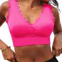 GRAPENT Bikini Tops for Women Scalloped Bathing Suit Beach Padded Adjustable Cropped Tankini Swimwear Swim Top Only (Medium, Neon Pink)