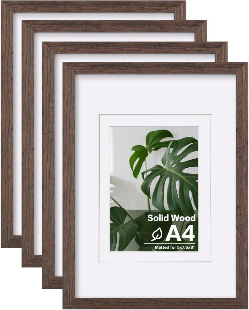 Egofine A4 Picture Frames Set of 4, Made of Solid Wood Covered by Plexiglass 5x7 and 6x8 with Mat or A4 without Mat, for Table Top Display and Wall Mounting Photo Frame Brown
