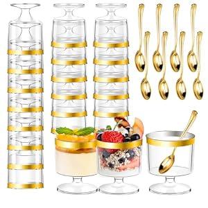 DI QIU REN 120 Pcs 5oz Dessert Cups with Golden Spoon, Plastic Dessert Parfait Cup Clear Appetizer Pudding Cup, Round Serving Goblet Cups Shot Glasse (Round Goblet with Gold Rim-60Pack)