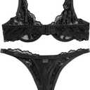 Lilosy Sexy Floral Lace Scallop Underwire Push Up Sheer Lingerie Set Outfits (Black, L)