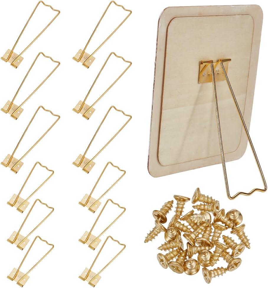 FINGERINSPIRE 12 pcs 2 Styles Photo Frame Easel Back Stand Iron Photo Frame Bracket Gold Picture Frame Easel with 24pcs Screws Photo Frame Back Support Tabletop Picture Stands Photo Frame Accessories