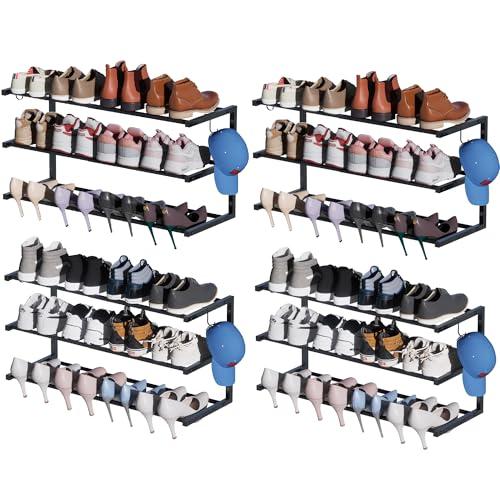 4 Pack Wall Mounted Shoe Rack, 3 Tier Hanging Shoe Rack Holds 48 Pairs, 17"-30"Adjustable Heavy Duty Metal Shoe Organizer Holder with 8 Storage Hooks, Space Saving for Closet Entryway Doorway（Black)