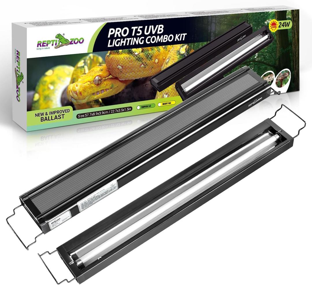 REPTI ZOO UVB Reptile Light, New Version T5 HO UVB Lighting Combo Kit, Reptile Terrarium Hood with 5.0 UVB Tube Bulb, Reptile Light Fixture 24W-22Inch