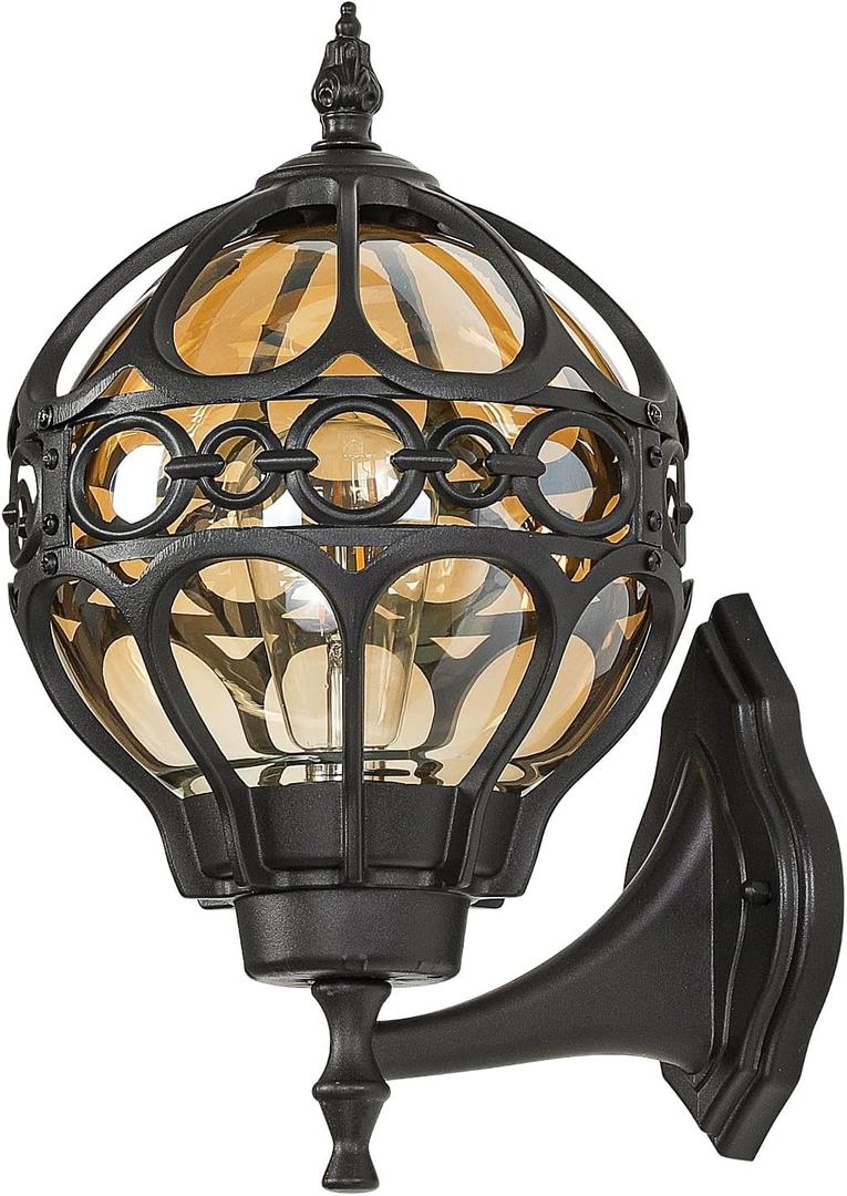 Outdoor Wall Lights, Black Globe Porch Light, Spherical Aluminum Exterior Lighting Fixtures for Patio Yard Doorway Garage, Anti-Rust Waterproof Globe Outside House Lantern Wall Mount with Amber Glass (15"(H), 1 Pack, Black, no sensor)
