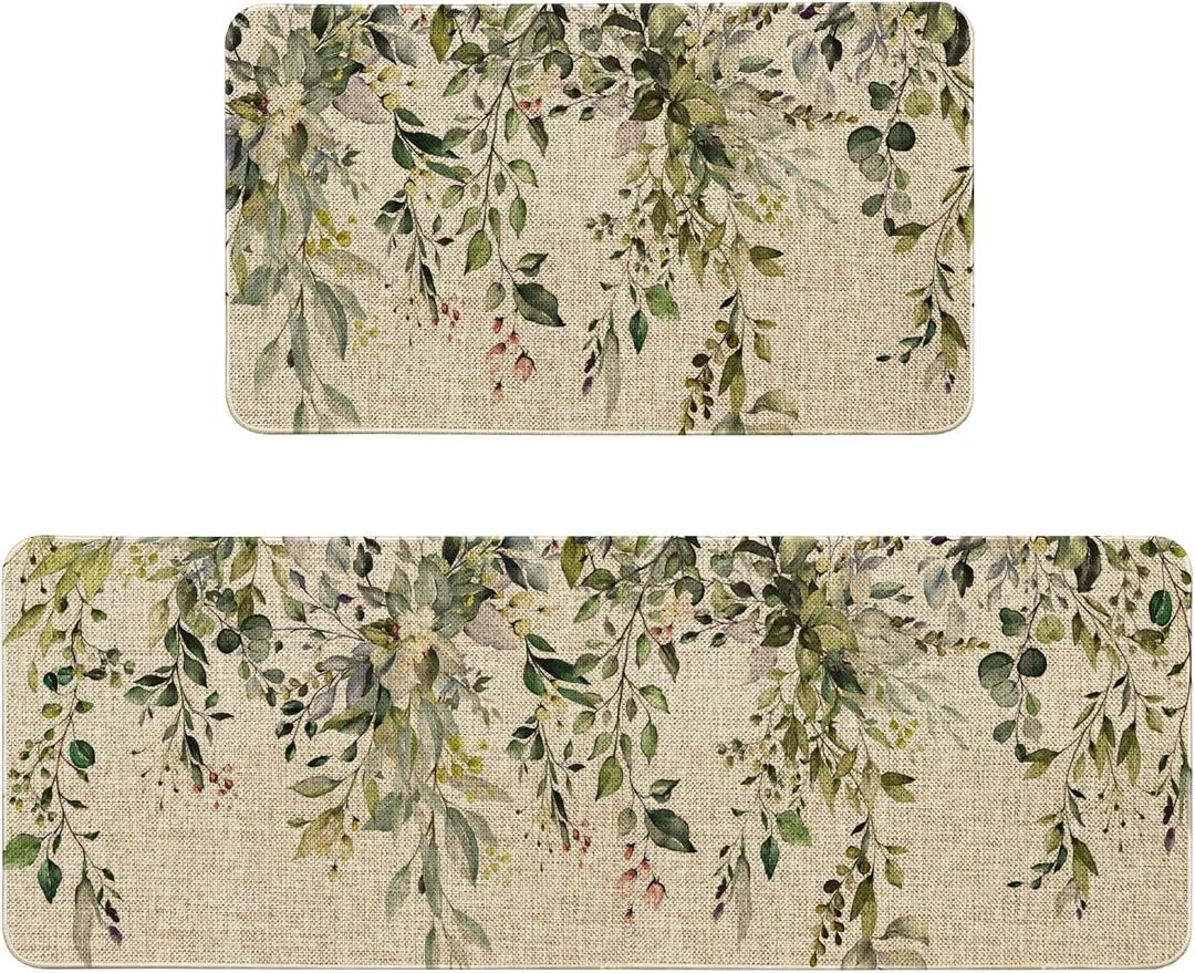 Sage Green Eucalyptus Kitchen Rugs Sets of 2 Non Slip Washable, Botanical Leaves Spring Kitchen Mats for Floor 2 Piece Home Decor
