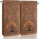 2 Pcs Brown Fall Hand Towels for Bathroom 100% Cotton Jacquard Embroidered Autumn Tree Maple Leaves thanksgiving bath towels bathroom kitchen towels decorative gift Holiday Home DecorBrown Tree