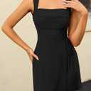 Women's Sexy Mesh Short Dress Square Neck Ruched Wedding Guest Cocktail Mini Dresses (Medium, Black)