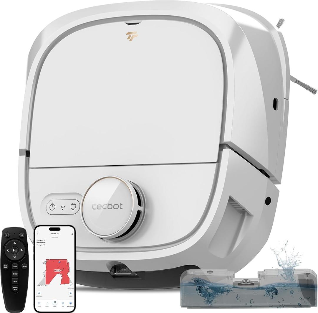 TECBOT Robot Vacuum and Mop (M1 Pro) - LiDAR Robotic Vacuums Cleaner for Home with Pet Hair, Carpet, Hardwood Floors, Auto Smart Mopping, Self Cleaning, Avoids Obstacles, Voice Control, White