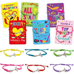 WorldBazaar 24 Pack Hockey Valentines Day Cards with Bracelets Classroom Exchange Gift Set Kids Hockey Bracelets Friendship