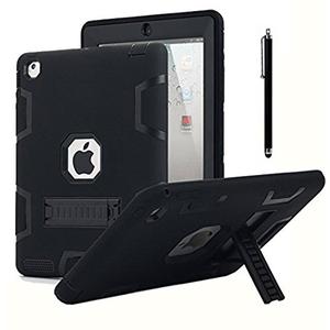AICase Heavy Duty Rubber Hybrid iPad Case, Shockproof Protective Cover for iPad 9.7", Includes Stylus & Screen Protector (Black)