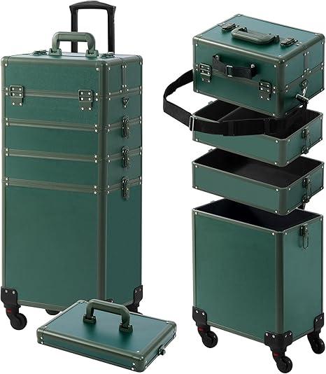 Makeup Train Case, Rolling Makeup Case with Lid, 5 in 1 Cosmetology Case on Wheels, Christmas Gift, Large Makeup Case Organizers, Profesional Cosmetic Case for Salon Barber, Black Green