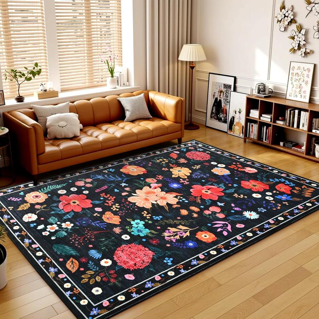 Terrug Floral Washable Area Rug for Bedroom, 4x6 Black Rug Boho Ultra-Thin Rugs for Entryway, Soft Non Slip Carpet Vintage Rug for Living Room, Entry, Kitchen, College Dorm, Dining Room, Nursery