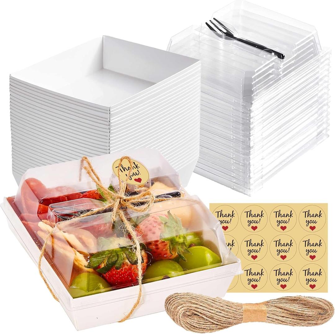 50 Pack Small Charcuterie Boxes with Clear Lids and Forks - To Go Paper Mini Charcuterie Box, Disposable Food Containers, 5Inch Dessert Boxes for Cookie, Cake Slice, Strawberries (White)
