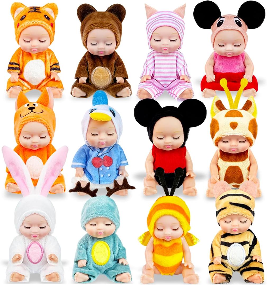 12 Pcs Mini Baby Dolls,4 inch Lifelike Realistic Tiny Baby Dolls with Animal Clothes,Cute Baby Doll Gifts for Girls Kids Birthday Baby Shower