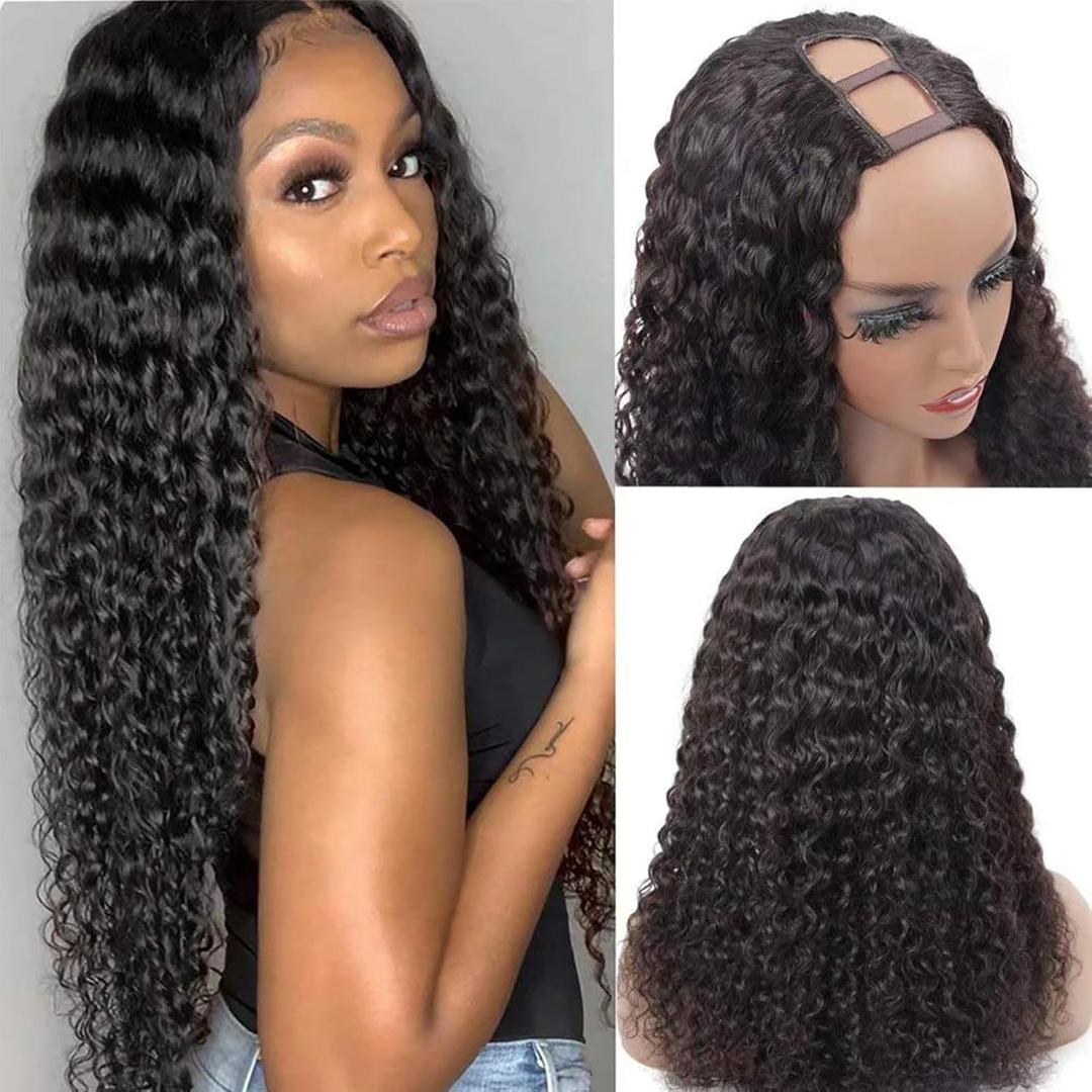 U Part Human Hair Wig Deep Wave 20 Inch 200% Density Brazilian Deep Wave U Part Wigs for Black Women 12A Full Head Clip in Half Wig Glueless No Leave Out Lace Front Wig 3X Longer Lifespan