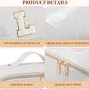 2 x Initial Makeup Bag Large Capacity Travel Cosmetic Bag for Women PU Leather Open Flat Toiletry Bag with Handle and Divider Personalized Gifts for Women (Cream White L)