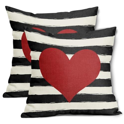 Valentines Day Pillow Covers 18x18 Inch Set of 2 Red Heart Black and Whtie Stripes Cotton Linen Decorative Throw Pillow Case Mothers Day Cushion Covers for Bedroom Sofa Living Room Chair Home Decor