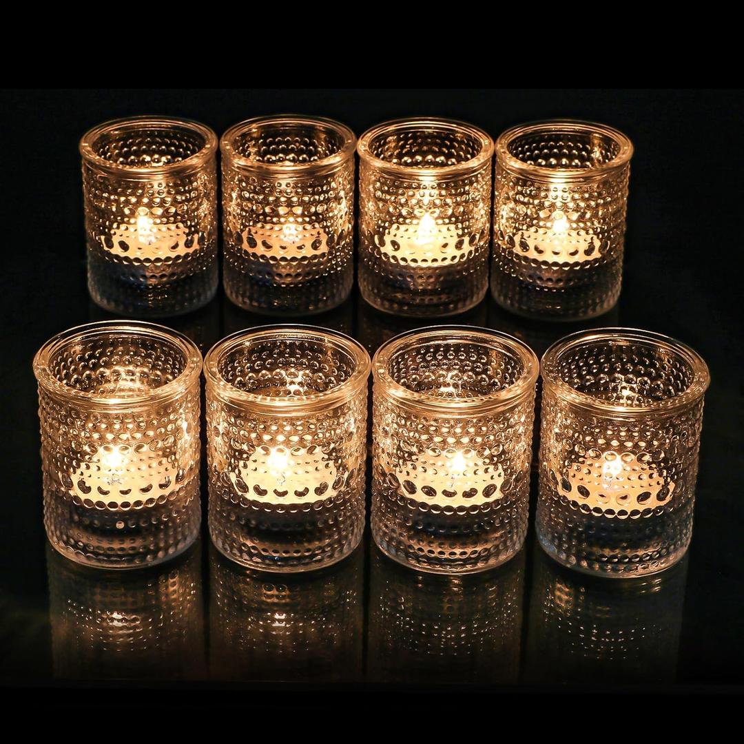 HOXHA 8 Pack Glass Votive Candle Holders Clear Tealight Candle Holders in Bulk Vintage Table Centerpieces for Floating Candles Home Table Decor Wedding Receptions