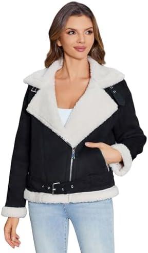 Women's Faux Shearing Moto Jacket Thick Fur Lined Coat Sherpa Leather Jacket, XL